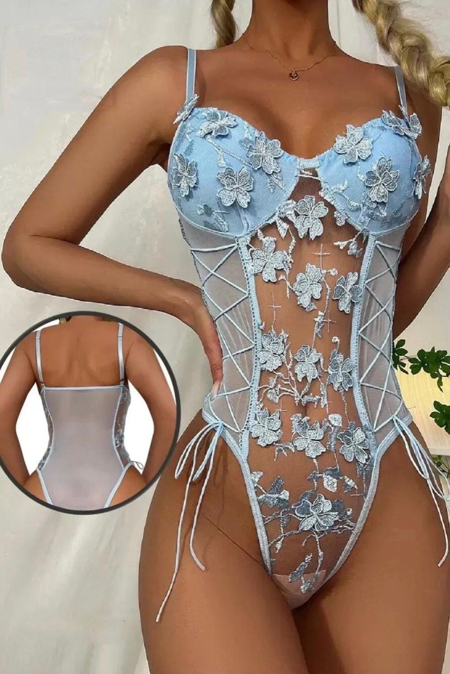 Çicek Desenli Mavi Bodysuit